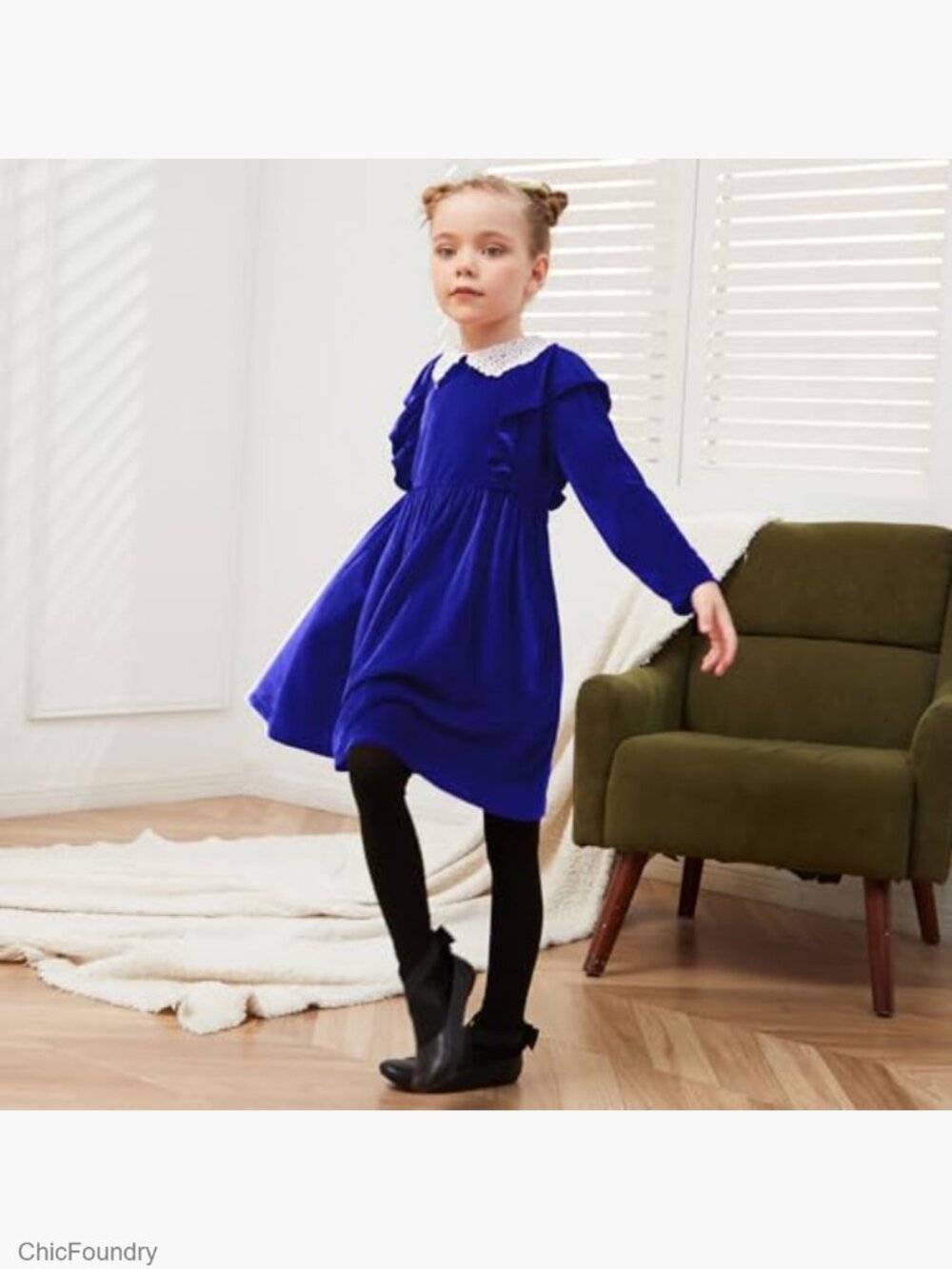 Girls Velvet Dress Ruffle Trim Long Sleeve Midi Guipure Lace Collar Party - Picture 2 of 5